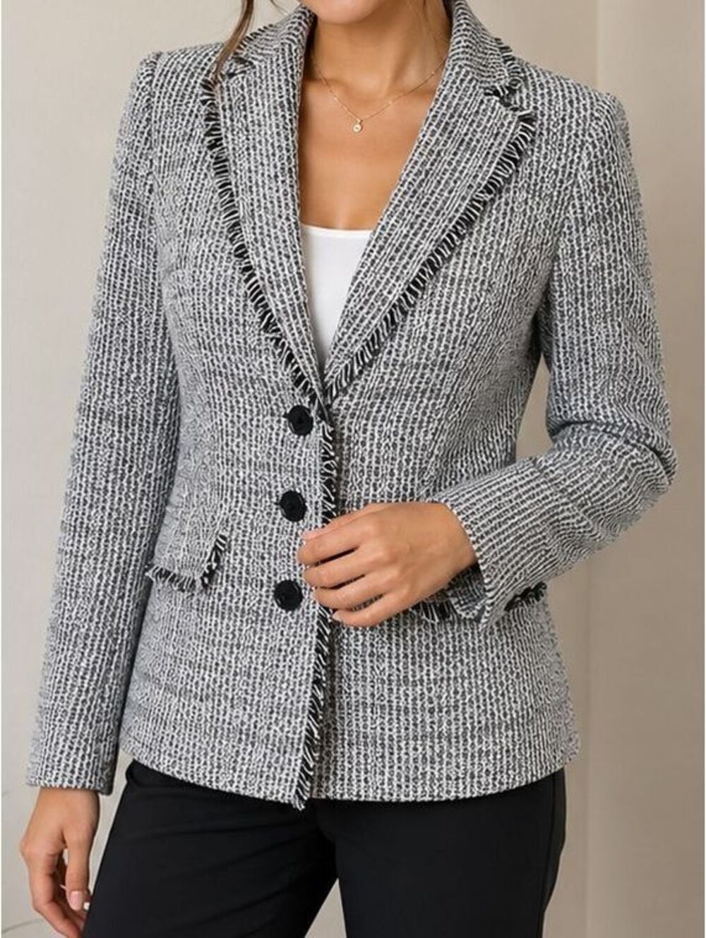 Karl Lagerfeld Paris Tweed Blazer Womens Size 6 Black White Fringe Boucle Jacket